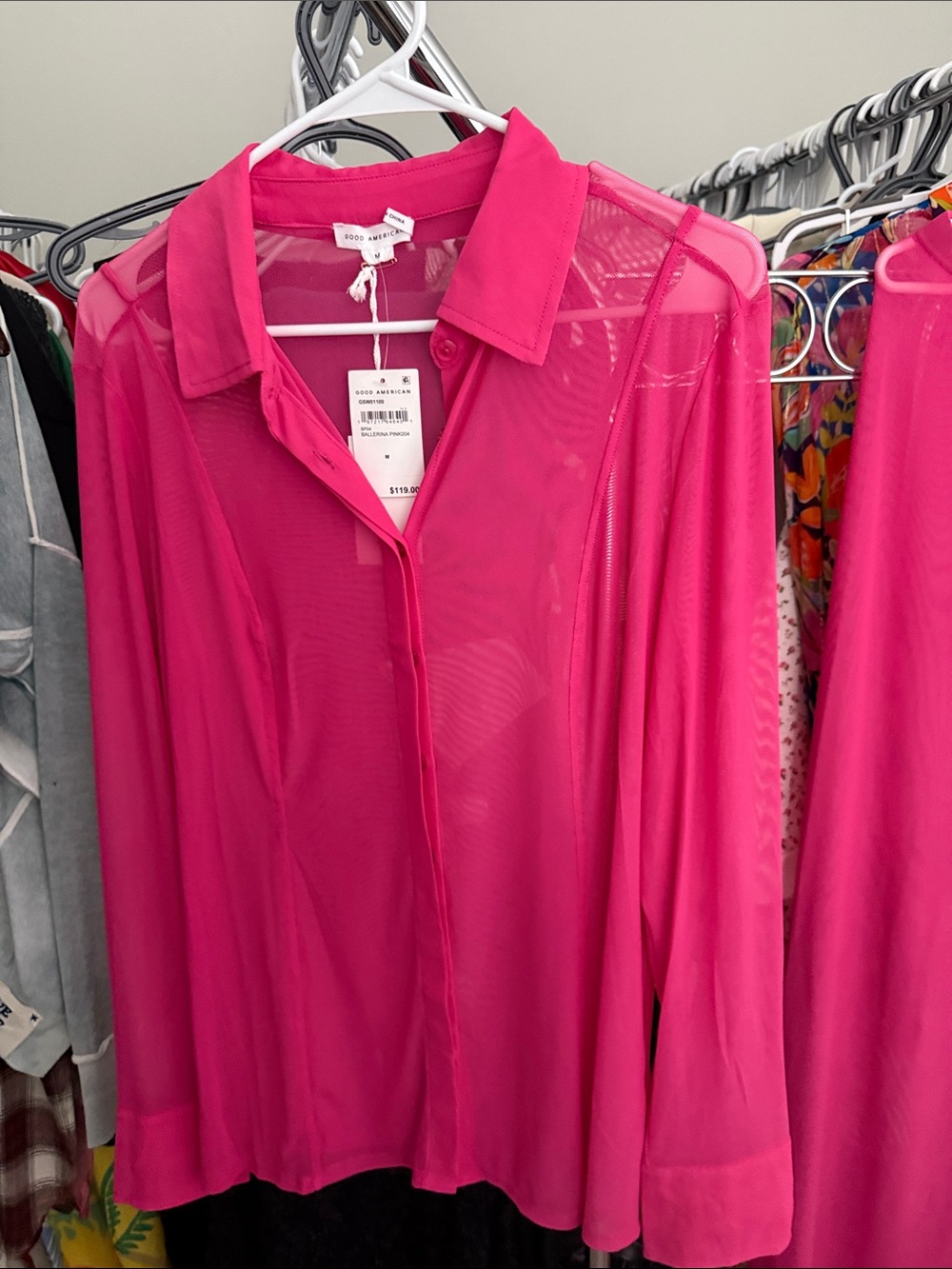 Bright Hot Pink Sheer Button-Up Blouse good American